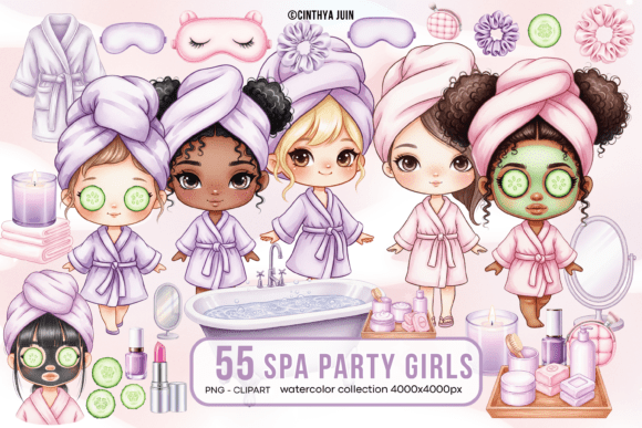 Download Spa Party Girls Watercolor Clipart - Spa Collection